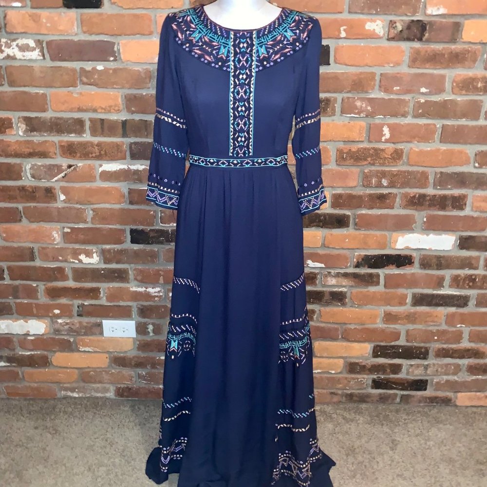 Champagne And Strawberry Blue Embroidered Long Sleeve Boho Maxi Dress Size Small